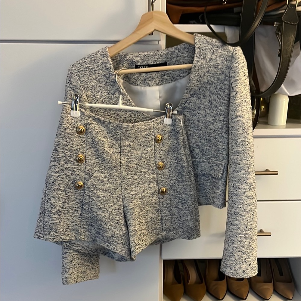 Zara white and navy coord Textured set